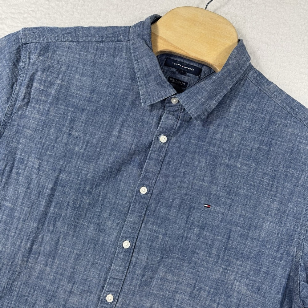 Tommy Hilfiger‎ Shirt Mens XXL Blue Indigo Chambray New York fit Short Sleeve